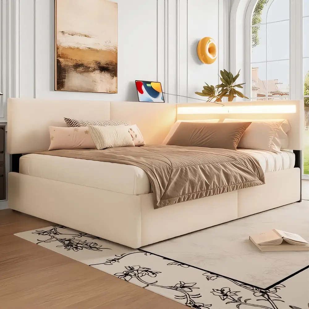 Upholstered Cloud Bed Frame with Headboard, with 2 Storage Drawers , LED light and USB Charging Design, Solid Wood Legs and Slats, No Box Spring Needed,