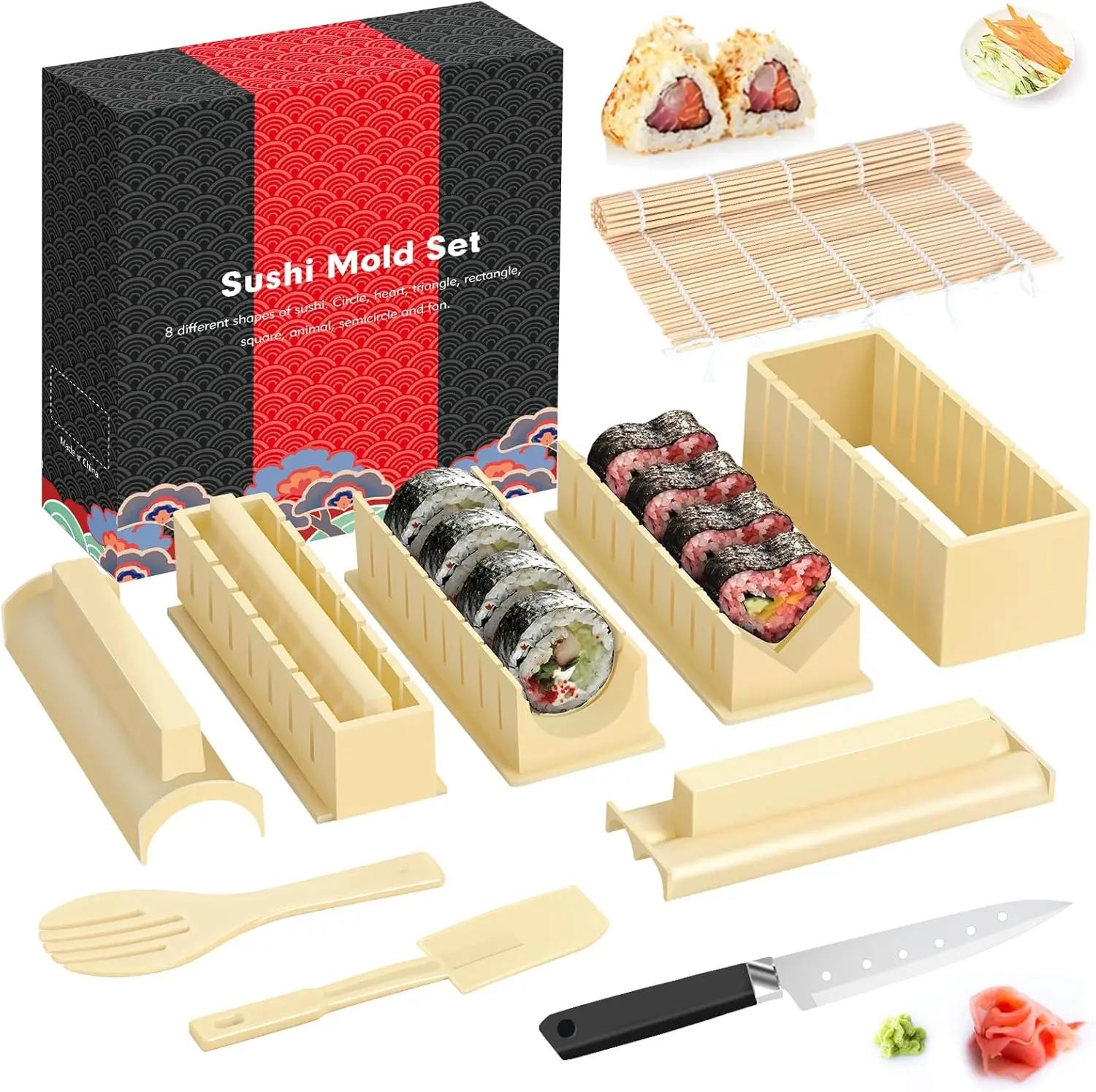 Sushi Making Kit Deluxe Edition Heart Sushi Mold Press with 8 Sushi Rice Roll Mold Shapes 1 Fork 1 Spatula 1 Sushi Knife, Complete Sushi Maker Kit 12PCS DIY Home Sushi Tool