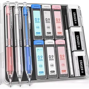 Mechanical Pencil Set with Case, 3 count Aesthetic Mechanical Pencils 0.9mm with 360 count HB Lead Refills, 12 count Erasers, Cute Mechanical Pencils for Writing, Drawing and Sketching