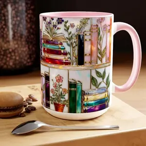 Stained-Glass Style Floral Bookshelf Mug, Book Lover Gift, Bookish Mug, Library Cup 15oz