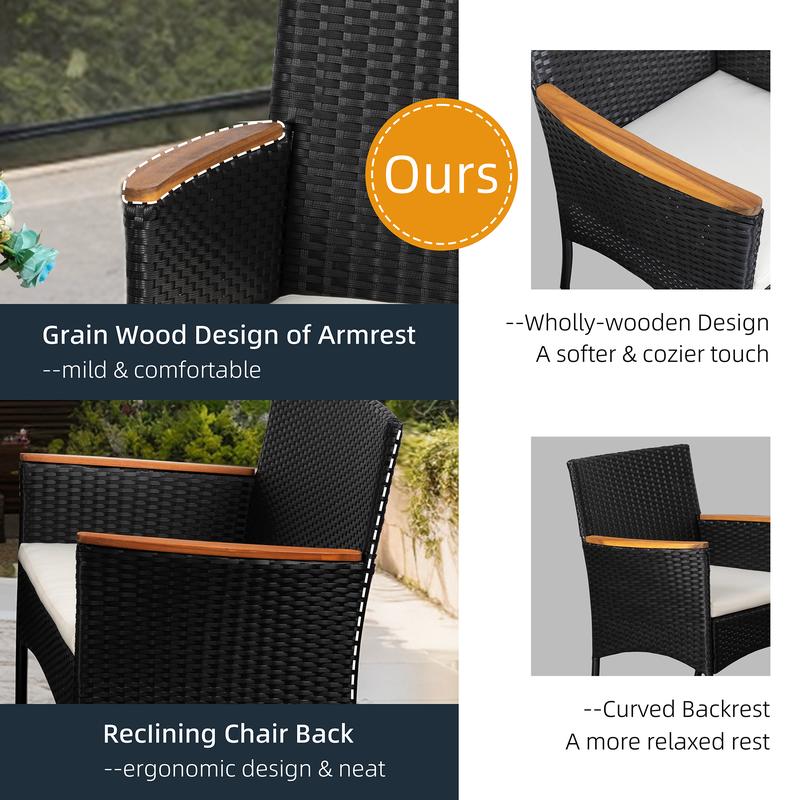 Walsunny 4-Piece Patio Furniture Set, Outdoor Wicker Patio Set with Cushions and Wooden Table for Lawn Backyard, White Rustic Dining Compact