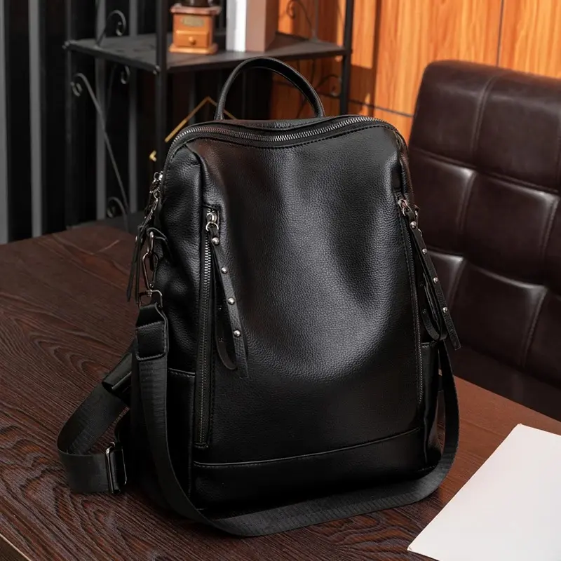 Women's Retro-Style Large-Capacity Soft Backpack with Zipper, Plain Design, Convert Mode to Shoulder Bag for Commute Travel