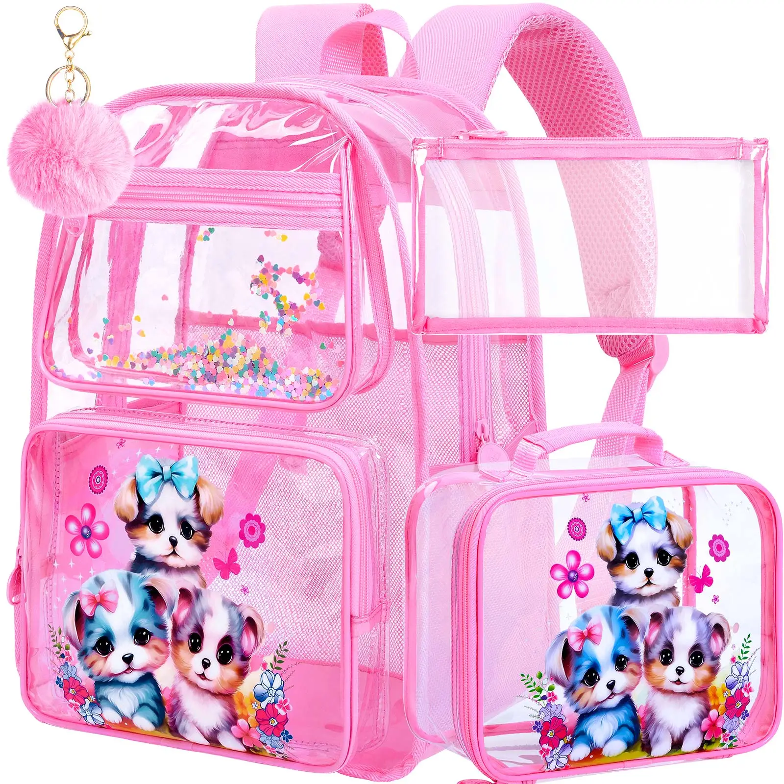 3PCS Clear Backpack for Girls, See Through Backpacks for Kids with Lunch Box, Heavy Duty Transparent Bookbag - Dog