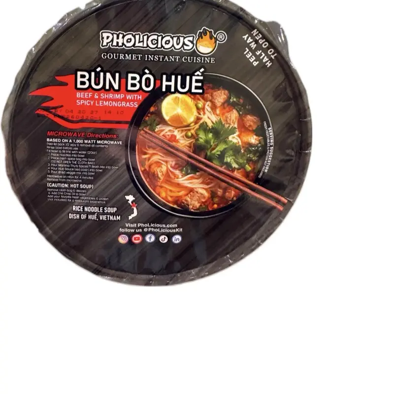 Pholious Gourmet Instant Cuisine Bun Bo Hue Beef Shrimp with Spicy Lemongrass Rice Noodle Soup Dish of Hue Vietnam x4 bowls
