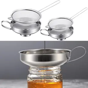 4 Pieces Stainless Steel Funnels with Fine Mesh Strainer, Household Kitchen Canning Funnels with Stainless Steel Colander