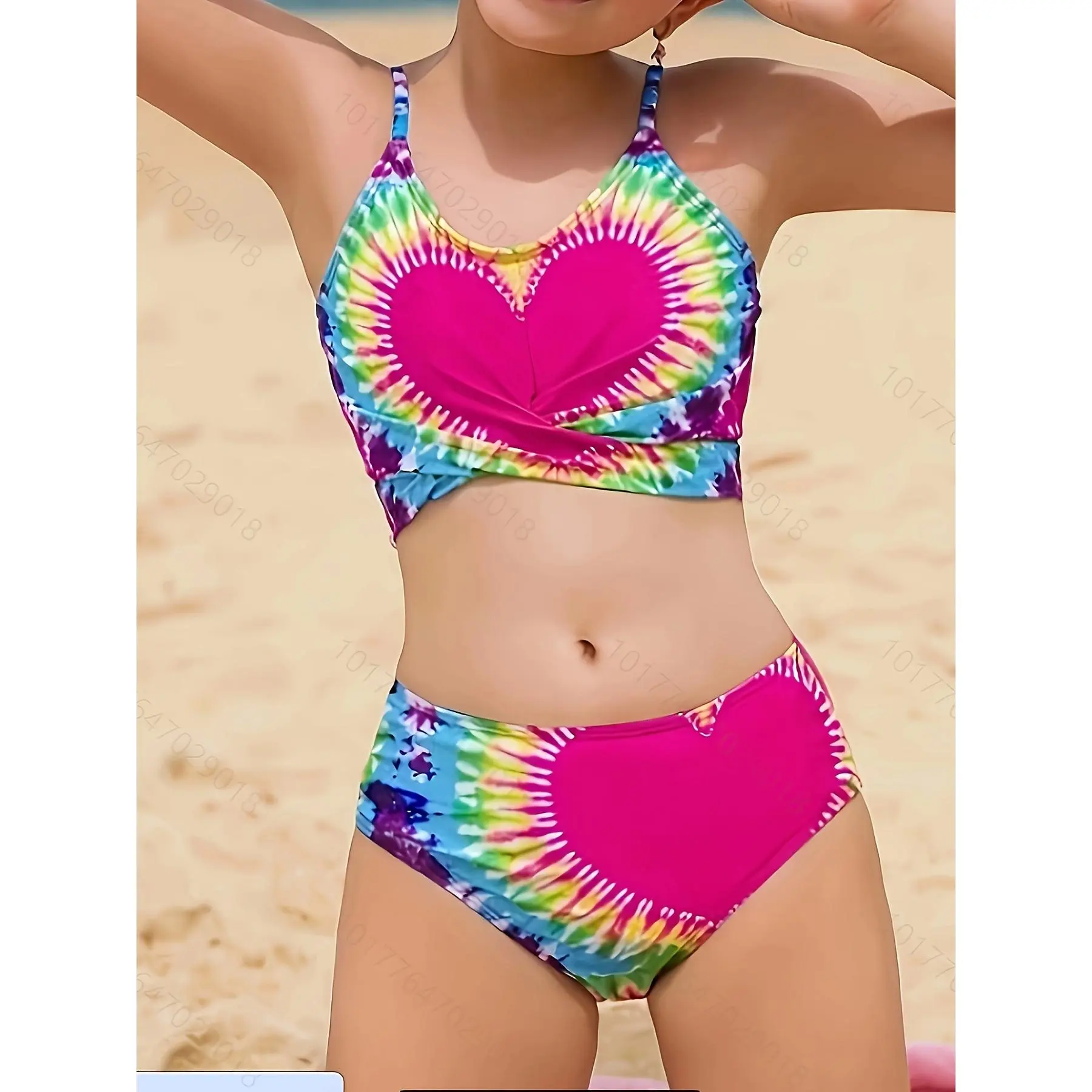 Girl's Heart Print 2-Piece Bikini Swimsuit, Polyester Blend, Elastic Stretch, Snug Cut Party Wear for Kids