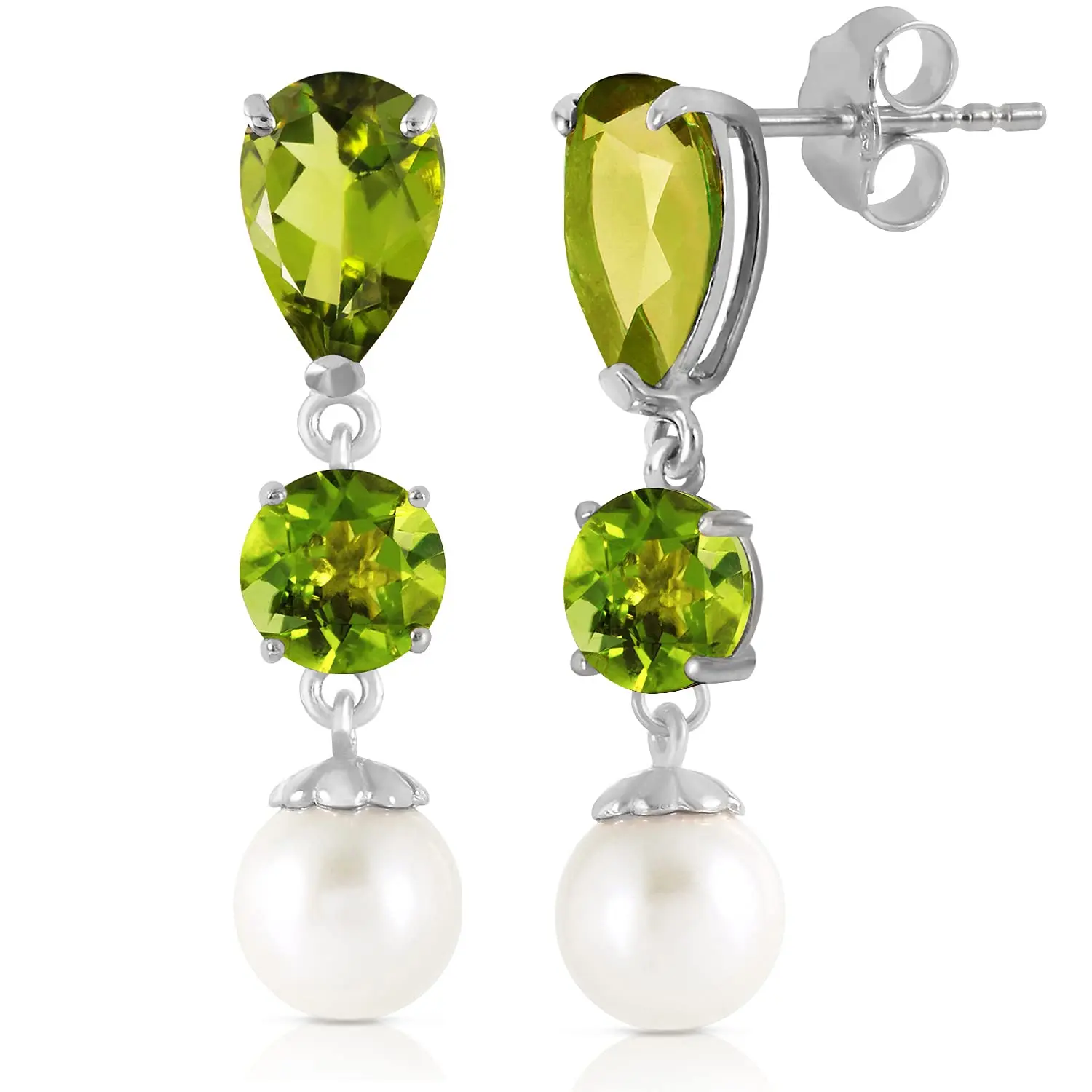14k White Gold Chandelier Earrings with Peridot and Freshwater-cultured Pearl