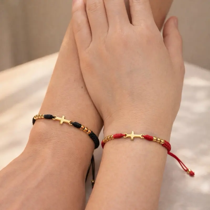 Couple Cross Bracelets Set Adjustable Red & Black