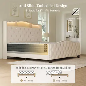 Belffin King Size Bed Frame and Headboard, 50.9" Velvet Upholstered Wingback Bedframe with LED Lights & Storage/Charging Station, Button Tufted Tall Footboard, No Box Spring Needed, Noise-Free, Beige