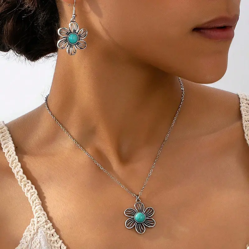 Boho Floral Turquoise Necklace and Earrings Set, Hollow Out Design, Perfect for Daily Wear and Vacation, Women's Jewelry Collection, Jewelry Sets