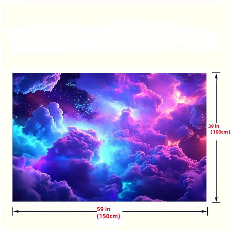 Cosmic cloud blacklight tapestry with UV reactive glow in vibrant purple, pink, blue, green design.Durable polyester fabric in multiple sizes for bedroom, living room, dorm, or party decor.Ideal for housewarming or anniversary backdrop.