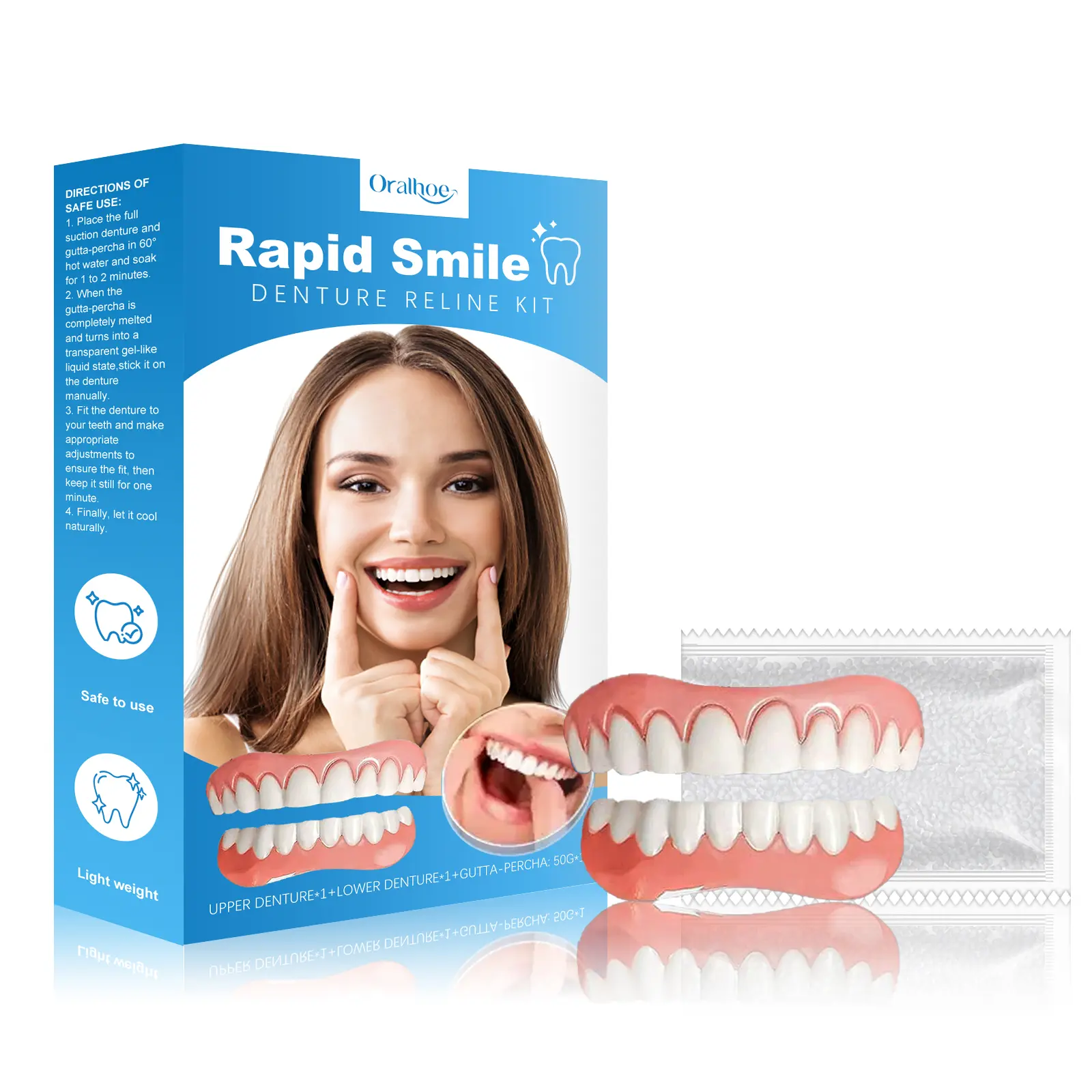 Oralhoe cosmetic denture kit upgrades your smile instantly! Comfortable material covers uneven teeth and gaps for a natural look. Hot limited offer: Buy 1 Get 1 Free, you receive 2 full sets. #SnapOnVeneers #SmileMakeover #BeautyHacks