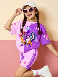 K-Pop Style Girls' Printed Suit Set, Star Colorblock Design, Casual Home & Two-Piece Set, Cute Slim-Fitting All over Print
