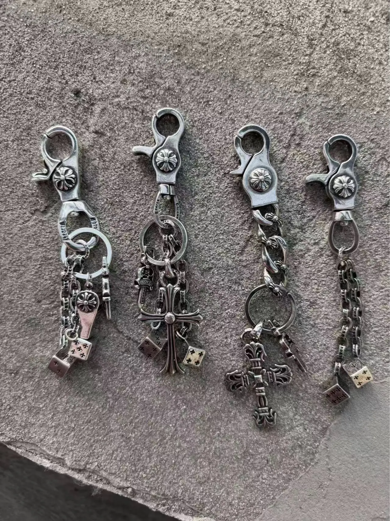 Vintage Silver Cross Y2K Keychain Antique Metal Dice Whistle Charm Carabiner Key Ring Gothic Punk Backpack Bag Clip Accessories