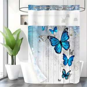 LVRLVR 1pc Farmhouse Blue Butterfly Wooden Shower Curtain with Sheer Top Window, Detachable Liner & No Hook C-Ring, 70.8" x 74"