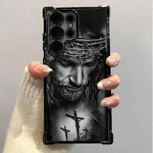 Jesus Clear Protective Four Comers Air Cushion Anti-drop CellPhone Case Clear BracketPhone Case For SAMSUNG GALAXY S22 S23 S24 FE ULTRA PLUS Four Corners Cases #SMYS6