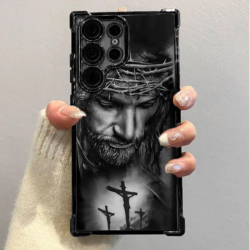 Non-Customized Minimalist Preppy Jesus Phone Cover - 4-Corner Air Cushion Anti-Drop Casing, Built-In Bracket for SAMSUNG GALAXY S22,S23,S24 FE,ULTRA,PLUS Smartphone Protector Accessory