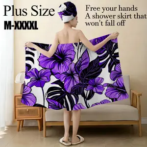 Purple Tropical Hibiscus & Monstera Leaf Print Bath Skirt Set, Plus Size M-XXXXL, Non-slip Adjustable Shower Wrap, Multi-purpose SPA Bathrobe, Suitable for SPA, Pool, Beach, Daily Use for Women