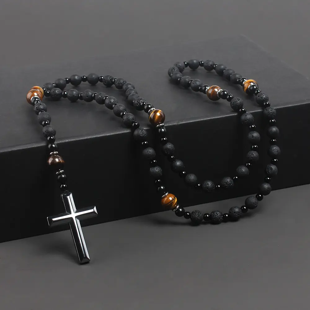 Men's Natural Stone Bead Necklaces - Crucifix Cross Ornament, Black Onyx, Tiger Eye, Matte Obsidian, Adjustable-Length Religious Rosary-Style Pendant Chain for Crucifix, Cross Ornament, Adjustable Length, Natural Obsidian Bead Necklace Needs, Crucifix Nec