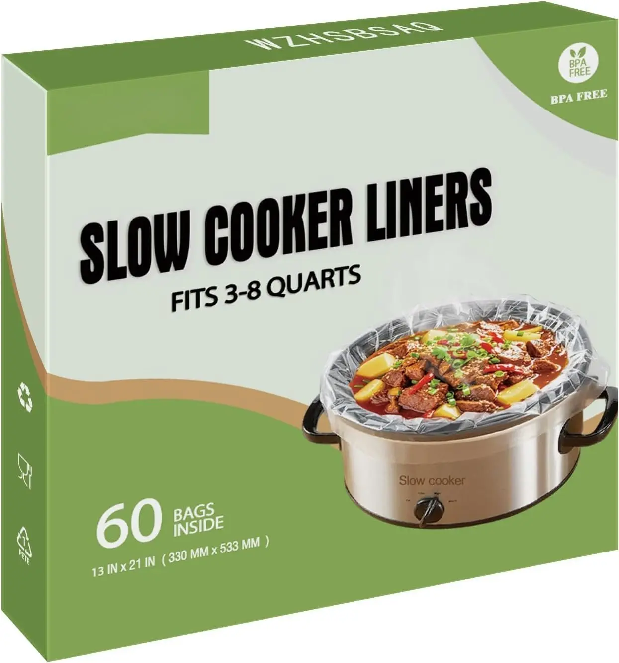 Disposable Slow Cooker Liners - 60 Synthetic Cookware Bags, Heat Resistant, 13 in. x 21 in., Fits 3-8 QT Slow Cookers, Rectangular