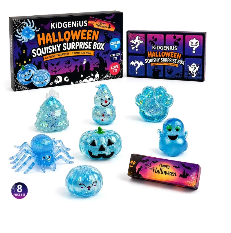 KIDGENIUS 8-Pack Spooky Halloween Glitter Surprise Box Squishy Toys, Classic Novelty Squeeze Items, Stress Relief Goodie Bag Stuffers for Kids’ Halloween Parties & Classroom Prizes