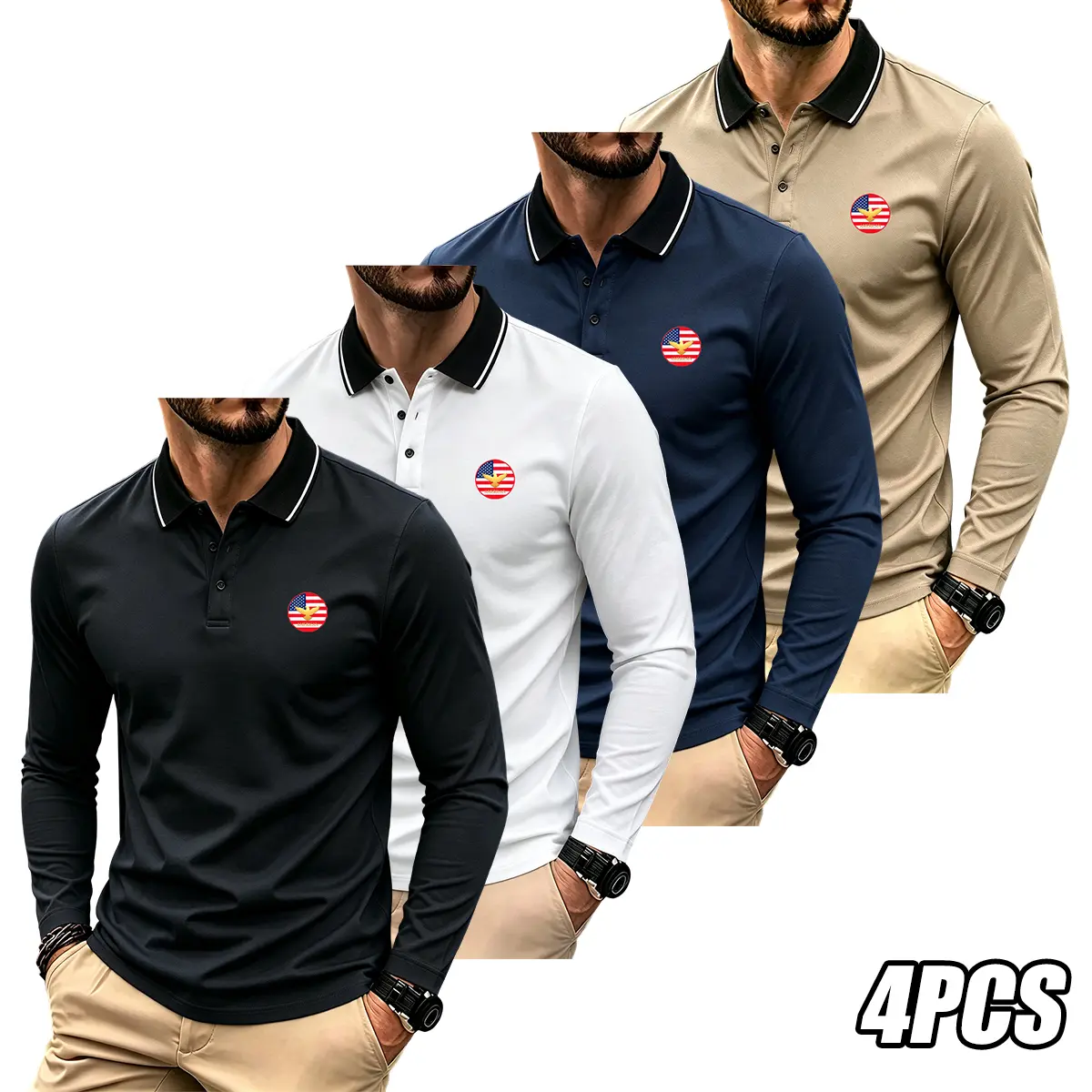 JOGWAVE 4PCS men’s polo shirt set featuring a versatile design with an American golden eagle motif. Ideal for everyday wear and autumn business style, comfortable and stretchy—perfect for golf, casual wear, fishing, and camping. Great for back-to-school s