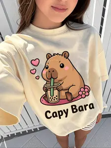 Girls' Fashion Capybara Healing Soft and Cute Capybara T-shirt! With love and milk tea capybara cartoon pattern printing design, it's casual and comfortable, suitable for outdoor wear. Graphic Tee Graphic Printed Shirt
