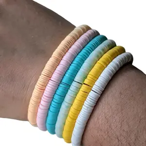 Set of 6 Pastel Preppy Surfer Bead Clay Bracelets in Assorted Colors Easter basket filler bracelet stacks heshi bead bracelets jewelry