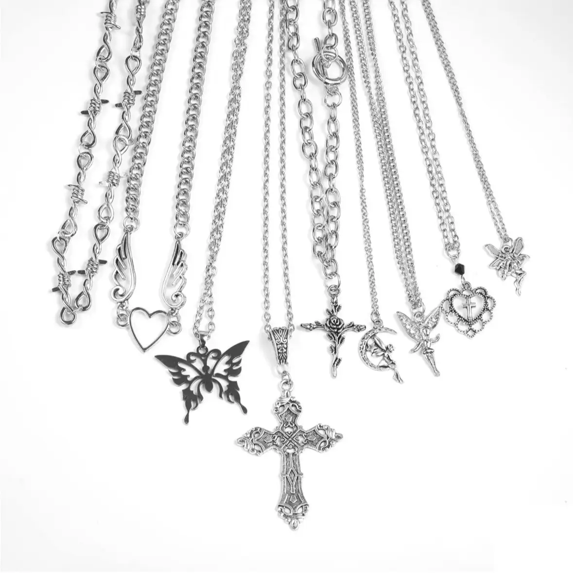 Y2K Silver Necklace Set 9PCS, Cool Grunge Necklace Set for Women Men, Fairy Thorns Gothic Angel Heart Cross Butterfly Moon Necklace