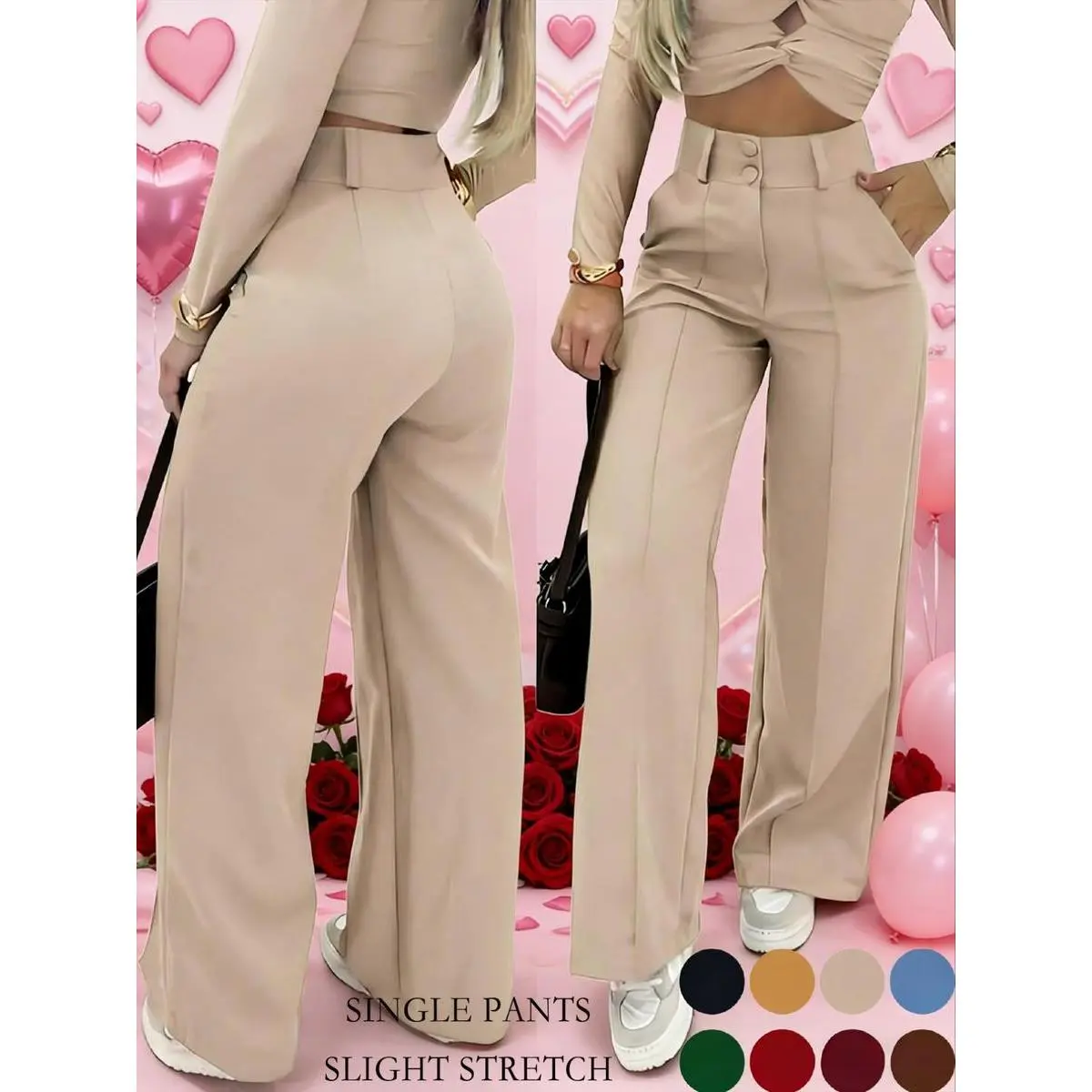 Women's Wide-Leg Office Trousers, Plain Minimalist Style with Double-Button Front and Slight Stretch, Basic, Fit, Straight, Pants, Double Breasted, Bottoms, Piece