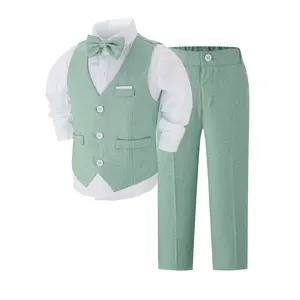 New(New)Children's Suit Set for Boys, British Style Tuxedo Performance Outfit with Vest + Long Pants + Bow Tie (White Shirt Not Included)