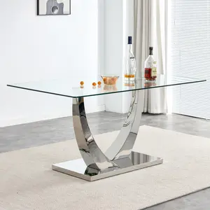 MUUOKY Modern 63"x35.4" Rectangular Glass Dining Table with Silver Stainless Steel V-Shaped Legs Tempered Glass Top for Kitchen & Dining Room black glass coffee table