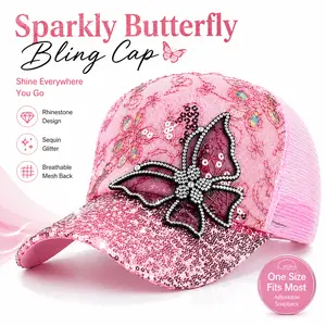 Pink Sequin Rhinestone Baseball Cap for Women – Butterfly Bling Trucker Hat, Adjustable Mesh Snapback, Summer Fashion Hat,summervibes