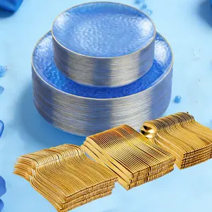 50 Piece Blue Hammered Gold Rim Dinnerware Set for 10 People, Includes Plates, Forks, Spoons, Knives, Perfect for Parties and Weddings, Dinnerware Service Set