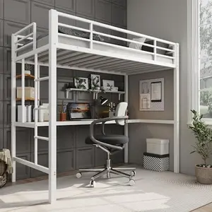 Twin Size Loft Bed with Desk and Storage Shelves, Sturdy Metal Loft Bed with Steel Slats Support and Ladder for Kids and Adults, Safety Guardrail, Space Saving, White and Brown