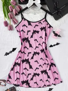 Women's Halloween Bat Print Milk Silk Cami Dress Sleeveless, Lightweight Fitted Comfortable Casual Home Sleepwear, Stylish and Cozy Tank Top for Women