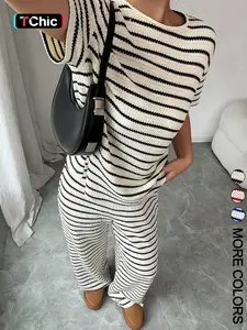 Women's Striped Short Sleeve Round Neck T-Shirt + Casual Long Pants Set, Womenswear, Comfortable Home Wear, Essential Fashion Ensemble