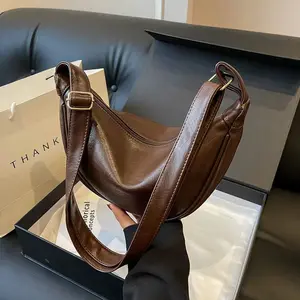 Retro Brown Leather Hobo Purse Women's Minimalist Shoulder Bag Trendy Crescent Crossbody Bag for OOTD US Local Stock
