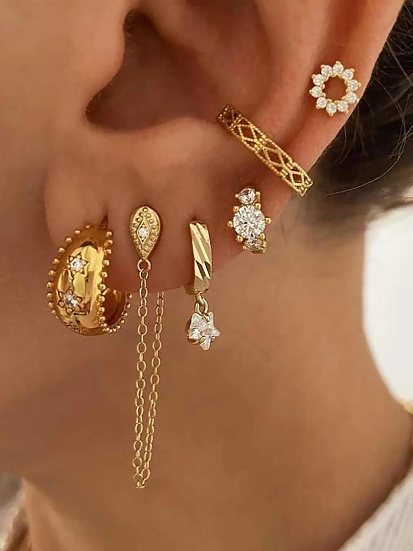 6Pcs Classic 24K Gold Plated Cubic Zirconia Hoop Earrings Set For Women Zircon Flower Stud Earrings Pack Drop Dangle Earrings Stack Earring Stacks