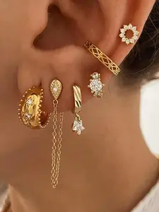 6Pcs Classic 24K Gold Plated Cubic Zirconia Hoop Earrings Set For Women Zircon Flower Stud Earrings Pack Drop Dangle Earrings Stack
