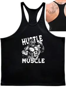 Men's Gorilla Hustle Muscle Graphic Tank Top, Gorilla Print Design, Loose-Fitting Sleeveless Workout Tee, Sporty Style, Ideal for Gym Training, Workout Sportswear, Workout Activewear