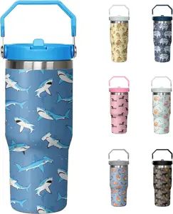 30oz Shark Tumbler with Handle and Flip Straw, Stainless Steel Insulated Cup, Travel Coffee Mug Water Bottle, Birthday Mothers Day Chritmas Gifts for Women Animal Lovers