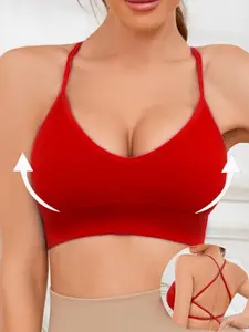 Women's Solid Criss Cross Backless Seamless Vneck Bra, Breathable Comfortable Wireless Tank Bra, Women's Lingerie Underwear for Daily Wear, Breathable Seamless Bras