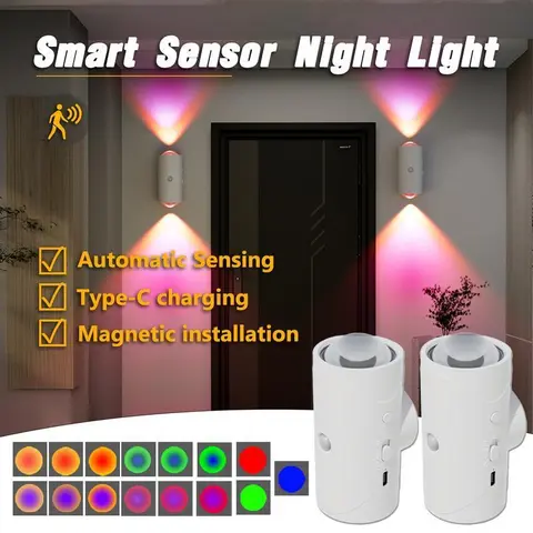 Rechargeable Smart LED Night Light - 5V Cordless Motion Sensor Magnetic Stickon Wall Lamp, RGB Gradient Ambient Colors, Dimmable Brightness, Long-Lasting Battery, Auto-On Mode, Plastic Body, Lights for Bedroom, Cozy Night Glow, Ideal for Stairs