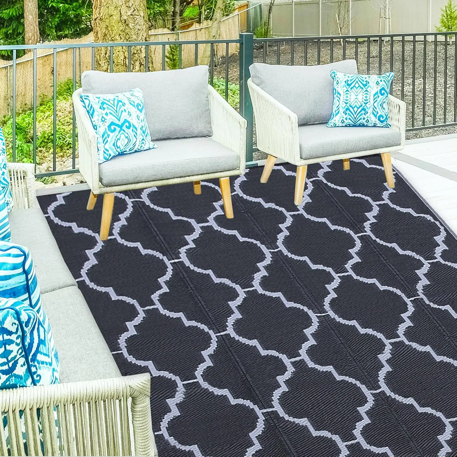 #midrestock 5x8 FT Reversible Mats, Outdoor Rug for Patio Clearance, Waterproof Carpet, Plastic Straw Rug for Indoor Outdoor, Floor Mat&Rug for RV Porch Camping Backyard Deck Balcony Beach Trailer Abstract Runner Rug