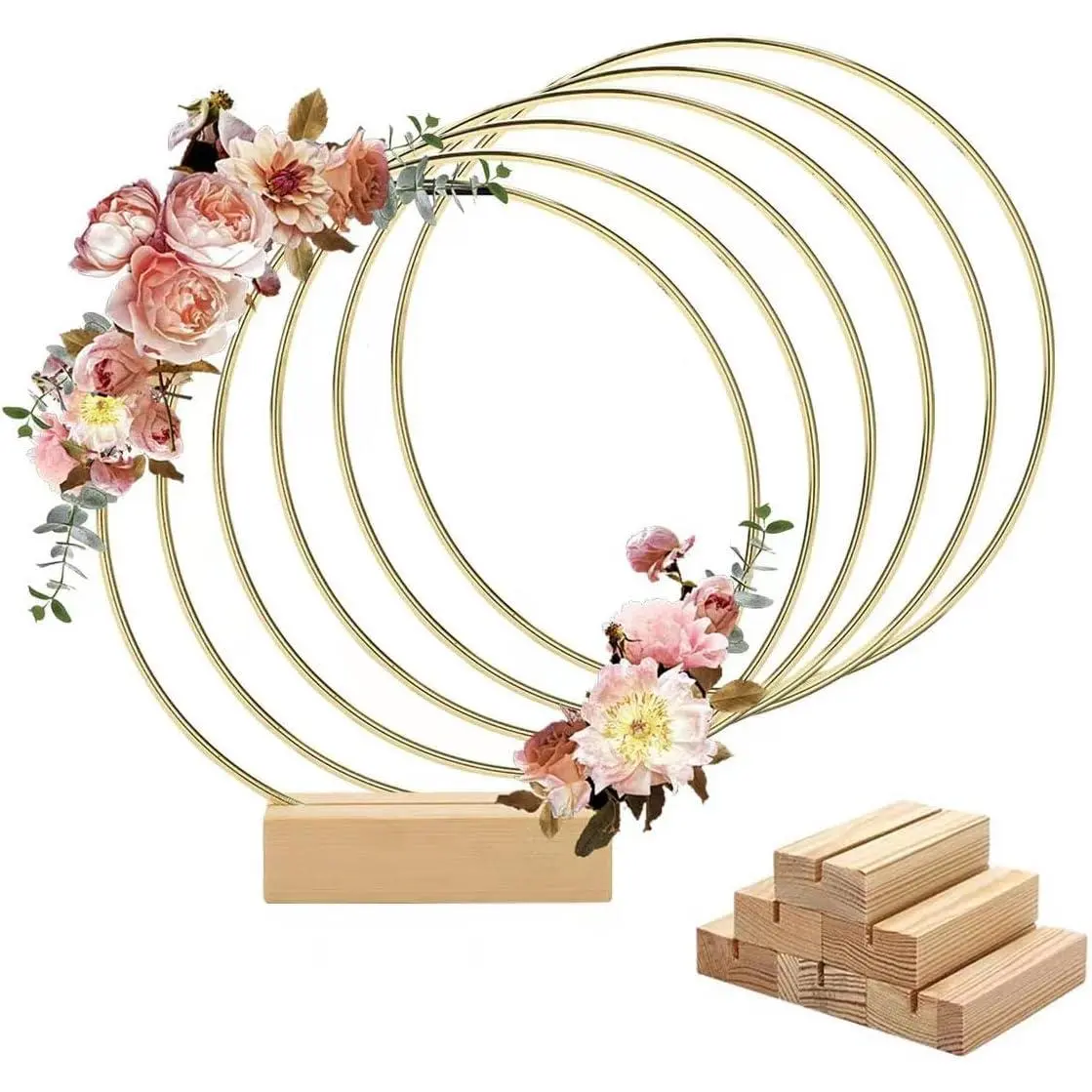 6 Pack 8 Inch Floral Hoop Centerpiece for Wedding, Gold Metal Rings with Wooden Stand - Table Decor, Wreath Decor for Wedding, Party, Wall Hanging (20cm Hoop, 3.15in Base)