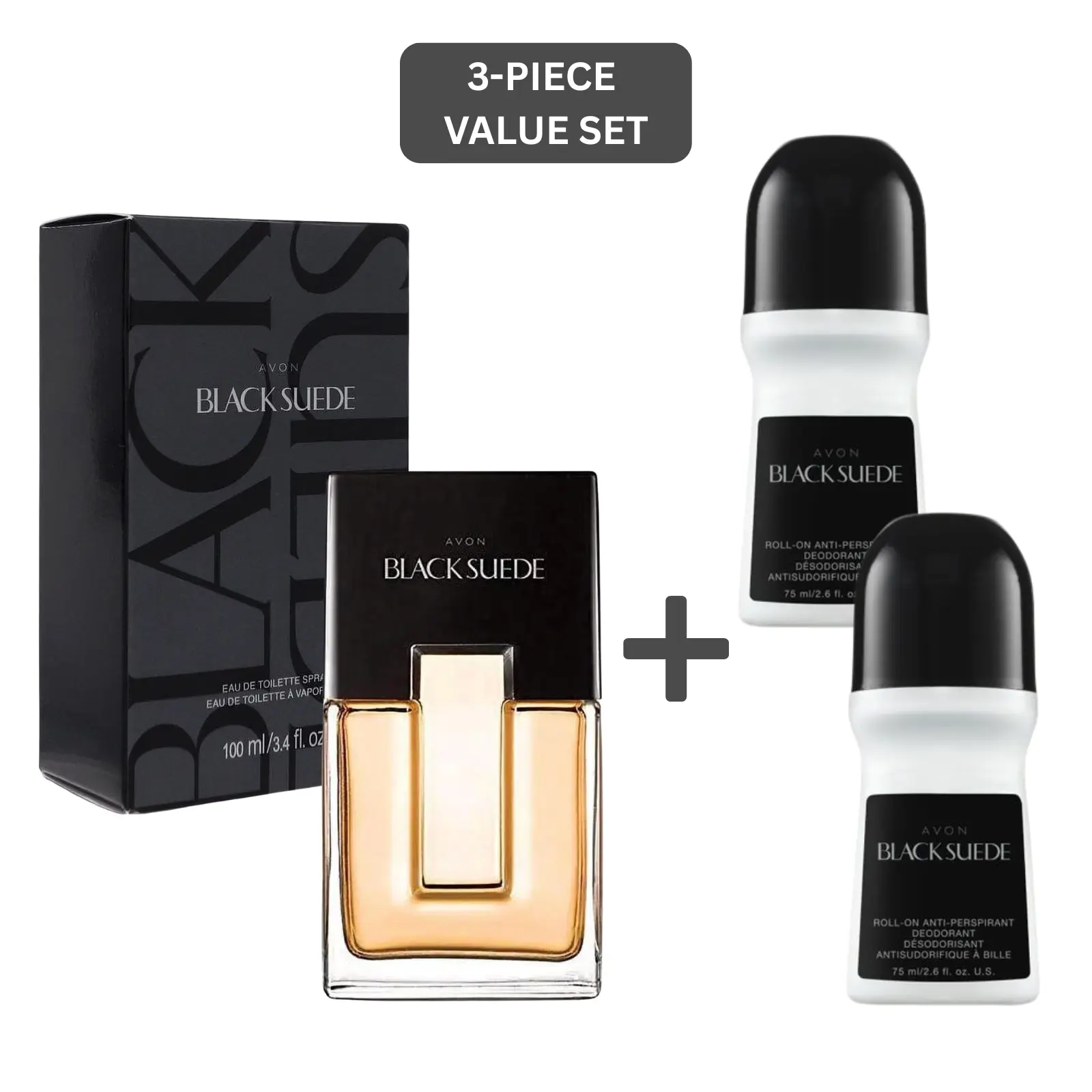 Black Suede 3-Piece Value Set – Cologne Spray 3.4 oz + 2 Roll-On Deodorants Bundle