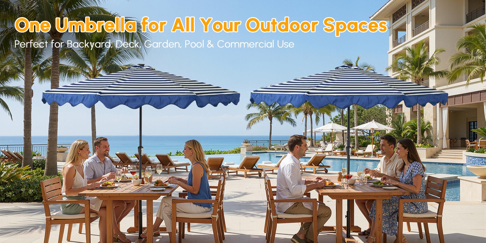 10Ft Classic MidCentury Scalloped Fringe Market Patio Umbrella with One Button Tilt, Handle Crank Solar powered Outdoor Parasols, Wind Vent and UV Protection for Garden Lofi Porch Pool, Premium