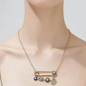 Hand Star Evil Eye Paperclip Necklace Gold-Plated Titanium Steel with Cubic Zirconia Stones Waterproof Sweatproof No Fading Perfect Gift for Women Pendant Design