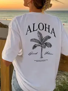 ALOHA Good Vibes Hawaiian Beach White T-Shirt | Casual Coastal Streetwear Top | Premium Cotton Fabric | Laid-Back Tropical Aesthetic | Relaxed Oversized Fit | Eye-Catching Palm Tree Back Print | Versatile Daily Wear | Perfect for Beach/Summer Style Fans